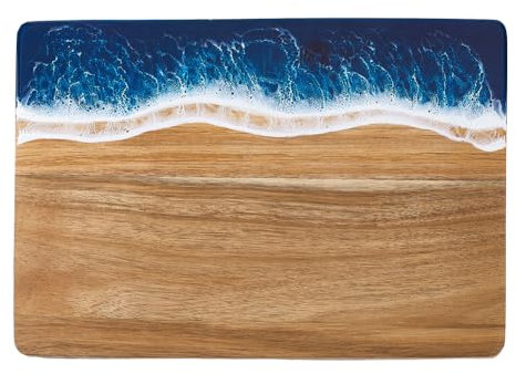 AHANDMAKER 1 planche à découper rectangulaire en bois d'acacia avec motif vague bleue 35,6 x 25,4 cm pour cadeau, légumes, viande, fruits, plateau de service pour la préparation des repas, chameau