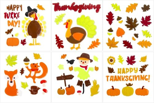 SKOOLOVE Autumn Thanksgiving Gel Window Sticker, Happy Thanksgiving Pumpkin Turkey Maple Leaf Scarecrow, Suitable for Glass Window, Fall Window Sticker Decoration