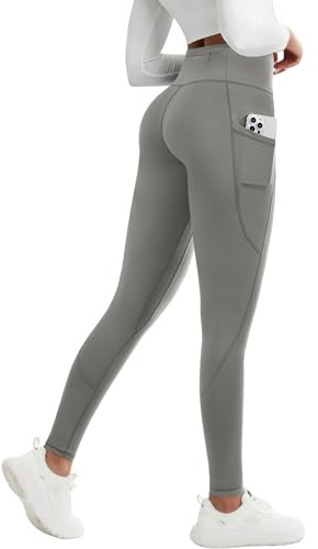 PASUDA Termiska leggings dam fleecefodrade termoleggings vinter hög midja vattentäta varma yogabyxor sportbyxor långa utomhus termobyxor löparbyxor strumpbyxor med fickor, Mörkgrå, L