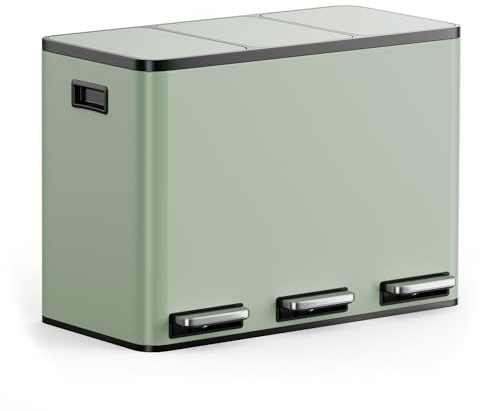 VonHaus Kitchen Bin, 45L Sage Green Triple Recycling Bin for Kitchen, Three Section Food Waste Separation System with Non-Slip Base & Removable Inner-Compartments, Airtight Trash Can, 3 x 15L