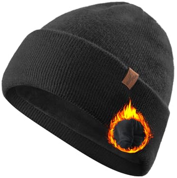 TRENDOUX Winter Mens Beanie Hat, Thick Thermal Cozy Knitted Skull Cap Hat, Unisex Merino Wool Beanie Hats with Warm Comfortable Lining, Double-Layer Wooly Breathable Cuffed Cap, Black