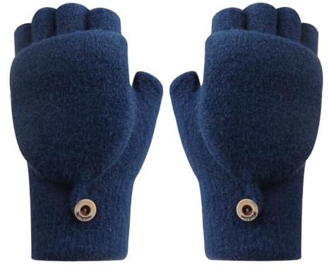 TINAYAUE Kids Winter Fingerless Gloves Teens Students Knitted Warm Mittens Convertible Flip Top Gloves for Boys Girls 10+ (Navy Blue, One Size)