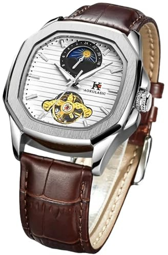 DAXIAOYU Herrmode vardaglig automatisk mekanisk klocka åttkantig urtavla design månfas Tourbillon äkta läderrem business armbandsur