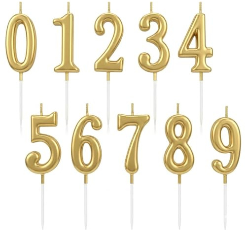 AEKZOX Velas de cumpleaños en espiral con soporte, 10 piezas, velas cumpleaños numeros 0-9 para pastel, fiestas, bodas y decoración (Oro)