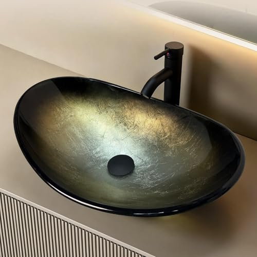 YU YUSING Ensemble Complet- Vasque à Poser en Verre Ovale de Salle de Bain, Lavabo Moderne, Verre Trempé 12mm, Évier Suspendu Design Galaxie Dorée avec Robinet Inclus, Déco Luxe, WC (53x35x15.5cm)