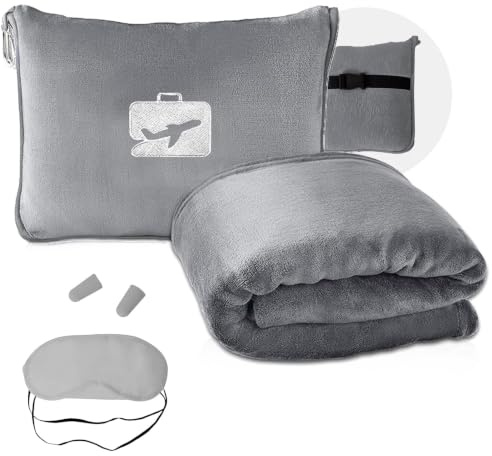 FDKene Manta de Viaje 2 en 1 con Almohada, 155 x 130 cm, Suave y Cálida, Ultraligera y Portátil, Incluye Máscara y Tapones para Oídos, con Clip para Mochila y Funda, Ideal para Camping y Viajes(Gris)