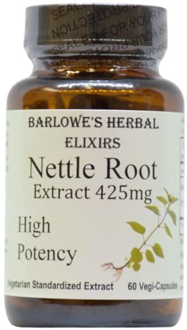 Barlowe's Herbal Elixirs Nettle Root Extract | Urtica Dioica with 95% 3,4-Divanillyltetrahydrofuran | 425mg Per Capsule | 60 Vegan Capsules | Stearate-Free | Glass Bottles