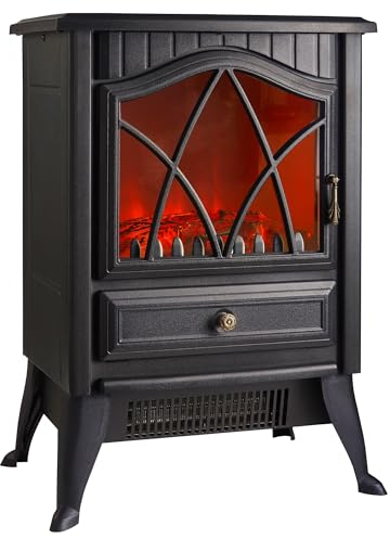 VonHaus Electric Stove Heater 1800W - Indoor Log/Wood Burner/Burning Effect, Free Standing Fire, Portable Fireplace, LED Flame, 2 Heat Settings, Adjustable Thermostat, Black - H52 x W38 x D26cm