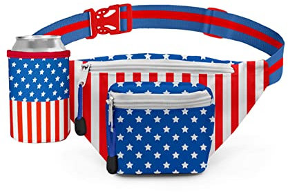 Tipsy Elves American Flag Fanny Pack With Detachable Can Cooler - USA Fanny Pack - Flexible Secure Attached Drink Holster Adjustable Strap Waist Belt (Red White Blue)