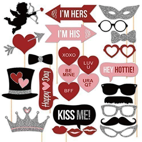 27PCS Valentines Day Birthday Photo Booth Party Props Mustache on Stick Heart Angel