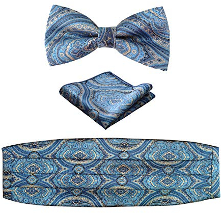 Simpowe Herren Passende Paisley Einstecktuch Fliege und Kummerbund Set Einheitsgröße Blau