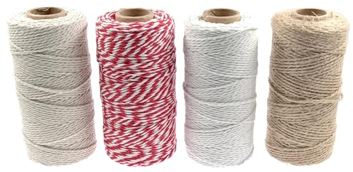 ZHIYE 400M Twine String Set, 2MM Beige Cotton String+2MM Butchers String+ 2MM Red and White Twine+1.5mm Jute Twine for Cooking Tying Meat DIY Gift Decorations Wrapping