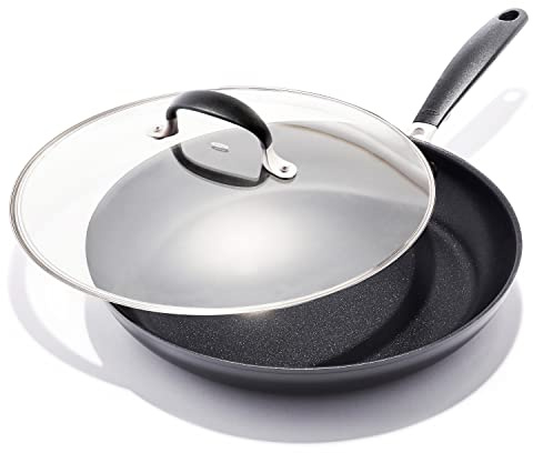 OXO Good Grips 12 Frying Pan Skillet with Lid, 3-Layered German Engineered Nonstick Coating, Stainless Steel Handle with Nonslip Silicone, Black
