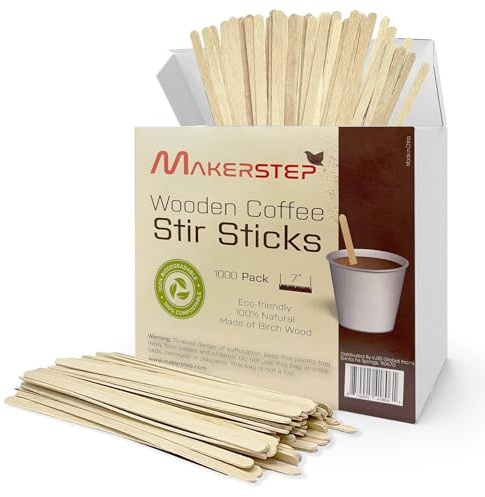 Makerstep Birch Wood Coffee Stirrers, 7 Inch Coffee Stir Sticks (1000 Pack) Eco-friendly, Sturdy Wooden Sticks. Splinter Free, Round End. Great For Your Coffee Nook