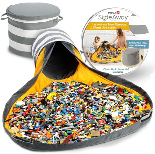 Creative QT - SlideAway Toy Storage Organizer & Play Mat for Kids - Organizer Storage Bin for Toys - Kids Toy Box for Boys & Girls - Playroom Storage - Toy Holders for Kids Rooms - Grey Stripe