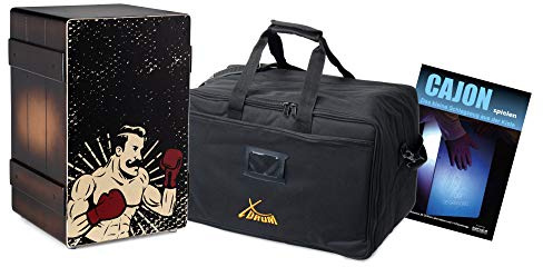 XDrum Design Series Cajon “Boxer” Set - Designer-Cajon mit Comic-Aufdruck - Integrierter Bass Port - Korpus aus HPL in Bananenkisten-Optik - Snare-Effekt - inkl. Tasche und Cajon-Schule