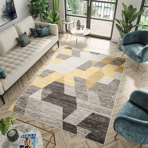 TAPISO Fiesta Teppich Kurzflor Dunkelgrau Grau Creme Gelb Orange Modern Figuren Design Meliert Schlafzimmer Jugendzimmer Wohnzimmer 120 x 170 cm