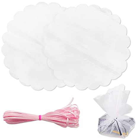100 pezzi di organza rotonda bianca da 23 cm e 1 fascio di nastro di raso rosa chiaro da 5 m per confezioni regalo, matrimoni, feste, decorazioni per balli, feste di compleanno