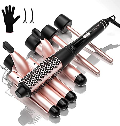 Maxt 5-in-1 Interchangeable Curling Iron Wand Set with 3 Barrels & Curling Thermal Brush | Ceramic Coated for Long-Lasting Curls, Waves Hair Curler (0.35-1.25 inch)