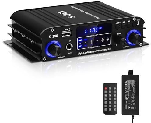 Amplificatore Audio, S-288 600W Mini Bluetooth Hifi Stereo Audio Amplificatore Ricevitore 12V/220V 4 Canali Stereo Casa di Potenza Digitale w/Display LCD,Radio FM,BT,Ingresso USB,per Casa o Auto