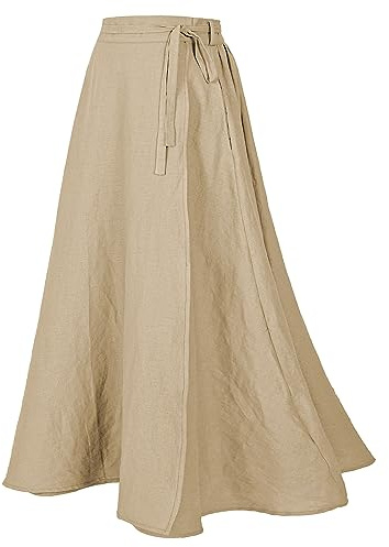 Women's Linen Wrap Skirt Casual Maxi Skirt Vintage A line Linen Skirt(Z2973YE,XL)