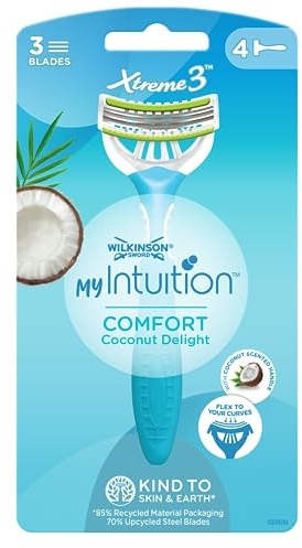 Wilkinson Sword - MyIntuition Comfort Coconut Delight Xtreme 3 - Rasoio Usa & Getta - Rasoio a 3 Lame Flessibili per Donna - Depilazione Confortevole con Striscia Lubrificane - Confezione x4