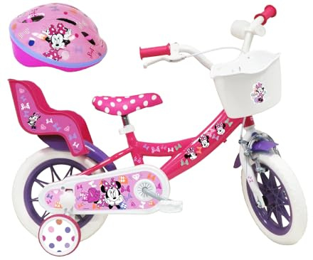 Bicicletta da Bambino 12' Minnie Disney Dotata di 1 Freno, Cestino Anteriore, Porta Bambola Posteriore, parafanghi + Casco Incluso, 12 Ragazza, Rosa