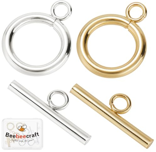 Beebeecraft 1 caja de 10 cierres de Palanca para Joyería Chapado En Oro Real de 18 quilates Y Plata de Ley Juego de Cierres de Extremo de Barra En T de Latón Redondos Conectores Anillo