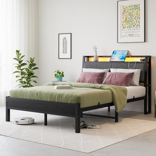 FOUBAM Double Bed Frame, 4FT6 Bed Frame Ergonomics Double with Charging Station and LED Lights, Heavy Duty Platform Full Bed with Fabric Storage Sloped Headboard, No Box Spring Needed, (Black)