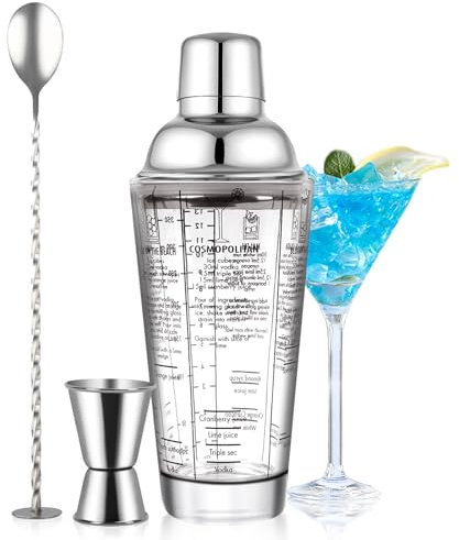 SAVORLIVING 14oz Glass Cocktail Shaker Set, Margarita Mixer-Shaker with Built-in Strainer and Measuring Jigger & Mixing Spoon Set, Professional Bar Tool Kit for Beginners (Silver, 3pcs)