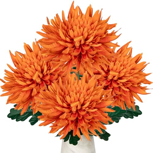 Oairse Fiori di crisantemo artificiali grandi da 15,2 cm, 4 pezzi, fiori di seta con stelo lungo 65 cm, fiori finti arancioni, crisantemi spider finti per composizioni floreali autunnali, decorazione