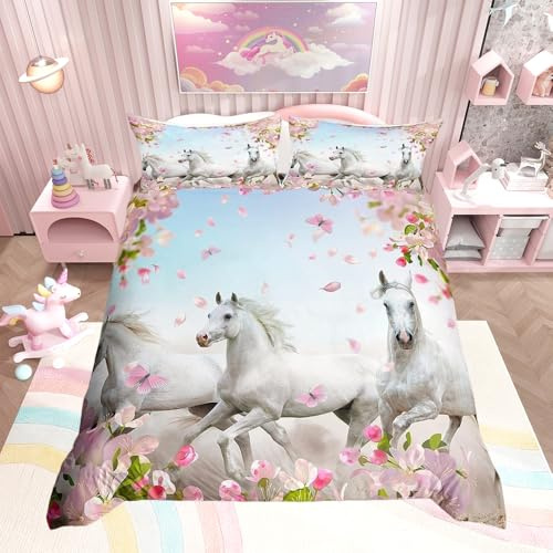 Loussiesd Juego de ropa de cama individual con diseño de caballo volador, color blanco, con flores de cerezo, flores rosas, decoración de dormitorio