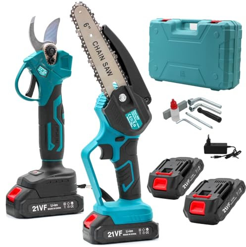 081 Store - Set da potatura a batteria, GARANZIA 2 ANNI, forbici potatura a batteria 21v e motosega a batteria 21V da 6 pollici, il kit comprende 2 batterie da 21V e valigetta ASSISTENZA IMMEDIATA