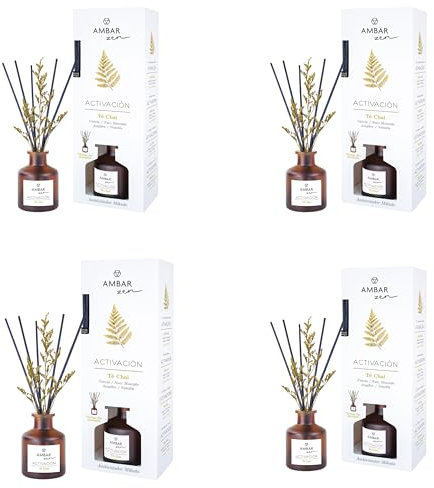 Pack de 4 Mikados Te Chai Ambar Zen – aromaterapia – Ambientador en Varillas – Difusores Aromáticos con Fragancias, Canela, Cardamomo, Jengibre, Clavo y Vainilla con Flor Decorativa 40 ml