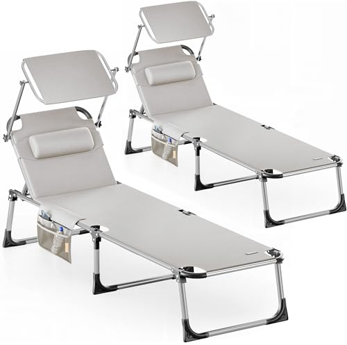 CASARIA® Folding Sun Lounger with Canopy, Reclining Sunbed, Set of 2