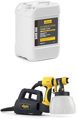 Bundle of WAGNER Exterior Stain Dark Oak + WAGNER Fence & Decking Paint Sprayer for Fences, Sheds, decking or Garden Furniture, Covers 5 m² in 9 min, 1400 ml Capacity, 460 W, 1.8 m Hose