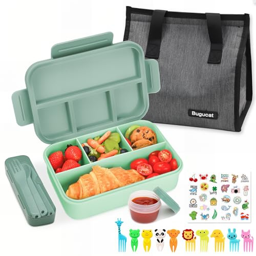 Bugucat Contenitore per il pranzo Bento da 1300 ml, con borsa per il pranzo, per bambini e adulti, con posate, scatole per snack con scatola per salsa e 10 forchette per frutta, bento box con