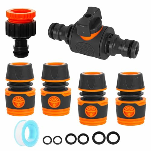Garden Hose Connector with Shut Off Valve, Hose Valve for 3/4'' and 1/2'' Tap, Quick Release Hosepipe Tap Connector and Fittings (6 Set - Grey Orange)