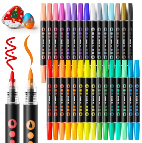 SUNEE Acrylstifte Set, 30 Farben Dual Tip Acrylic Marker Stifte mit Bullet und Pinselspitze, Acrylmarker für Erwachsene