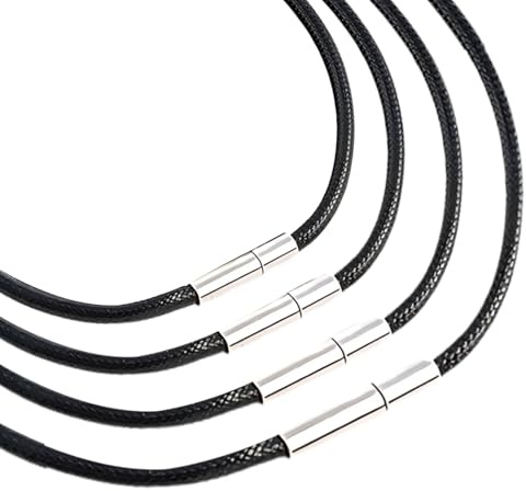 DIPZO | Set da 4 cordini per collana in pelle 3mm, pelle sintetica nera con chiusura in acciaio inox, catena fai-da-te per ciondoli, accessori per gioielli per uomo e donna (45-60cm)