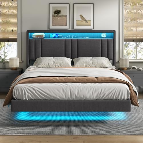 KIMENICH Floating Double Bed Frame 135x190cm, Upholstered Headboard with LED Lights, 4ft6 Double Bed Frame with Sockets & Storage Shelf, Sturdy Metal Frame, No Box Spring Needed, Linen Grey