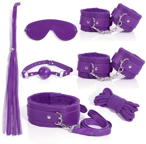 Kit bondage BDSM per il sesso, set da 7 pezzi: kit bondage per il letto fetish, manette, frusta, corda, collare, benda per gli occhi, giochi SM per adulti (donne, uomini e coppie), giocattoli sessuali