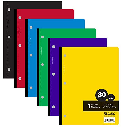 BAZIC Notebook Wide Ruled 1 Subject 80 Sheets Wireless Notebooks, 3 Punched Holes Lined Composition Book, Assorted Color, 1 Unit, Random Color