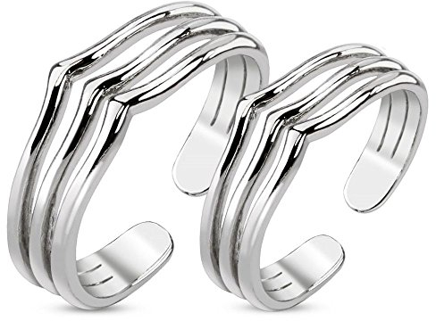 Bungsa 1 Paar ZEHENRINGE DREI Linien Mittelringe Silber - 1 Set Rhodium platinierte, Silberne ZEHRINGE - biegbarer Fussschmuck für Damen & Frauen - Verstellbarer Fussring Toe-Ring Nail Nagelring