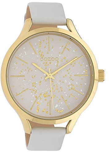 Oozoo Damenuhr mit Glitzer Zifferblatt und Lederband 45 MM Goldfarben/Weiss/Weiss C10085