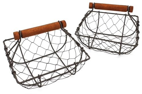 CVHOMEDECO. Cestas cuadradas para huevos de alambre de gallinero Cestas de recolección de óxido con asa de madera Cestas de almacenamiento de estilo country vintage. Juego de 2