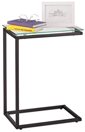 Relaxdays Tavolino da Divano, a Forma di C, Tavolo Consolle con Piano d’Appoggio in Vetro, HxLxP: 61 x 30 x 45 cm, Nero