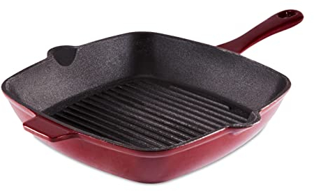 Barbary & Oak BO800256RED Cast Iron Grill Pan with Durable Enamel Interior, 26cm, Bordeaux Red