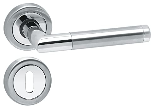 Aperit 49.340.02 Türbeschlag Modell SAVONA - Edelstahl Drücker Paar auf Rosetten 52mm mit Buntbart Rosetten - Edelstahl 304 poliert/matt gebürstet