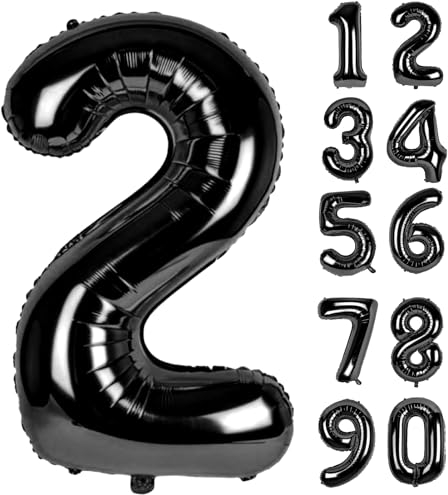 LAPONO Ballons Anniversaire 2 ans Noir, Geant Ballon Chiffre Helium Ballon Vole Gonflable Numéro Decoration Aluminium pour Fille Garcon Enfant Décorations de Fêtes D'anniversaires